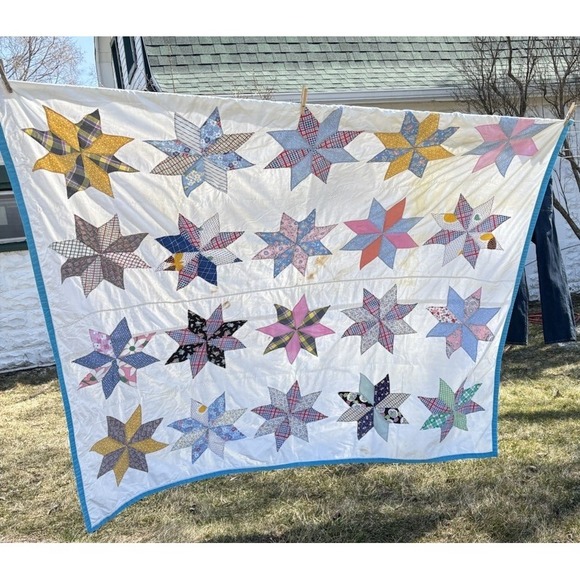 Handmade Other - Vintage Hand-Stitched Lemoyne Star Summer Quilt Coverlet 8 Point  73" X 67"